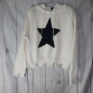 Just Polly White Cropped Frayed Grunge Star Hoodie Sweater